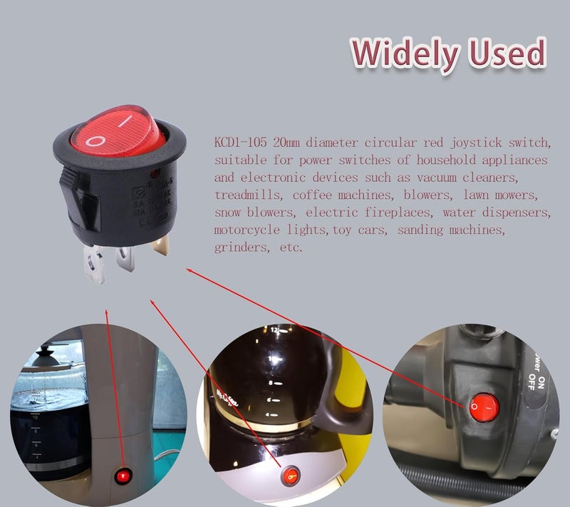 Pymga KCD1-105 20mm Diameter Round Red Rocker Switches 3pin 2position for Treadmills,Lawn Mower,Snow Blower，Coffee Maker .etc - Image 5